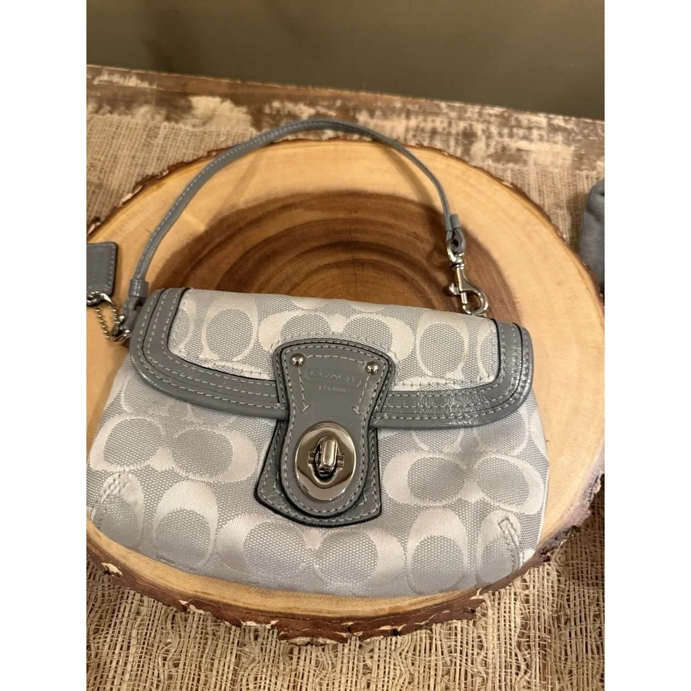Coach Y2K Rare Grey Signature Fabric Leather Turnlock Mini Bag Wristlet